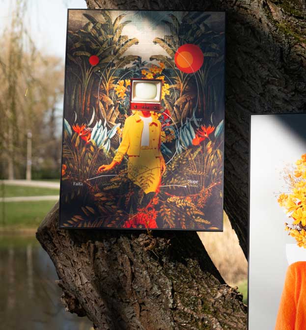 Två surrealistiska tavlor upphängda i ett träd i parken – till vänster: en figur med TV-huvud i tropisk miljö, till höger: ett porträtt med gula blommor istället för ansikte